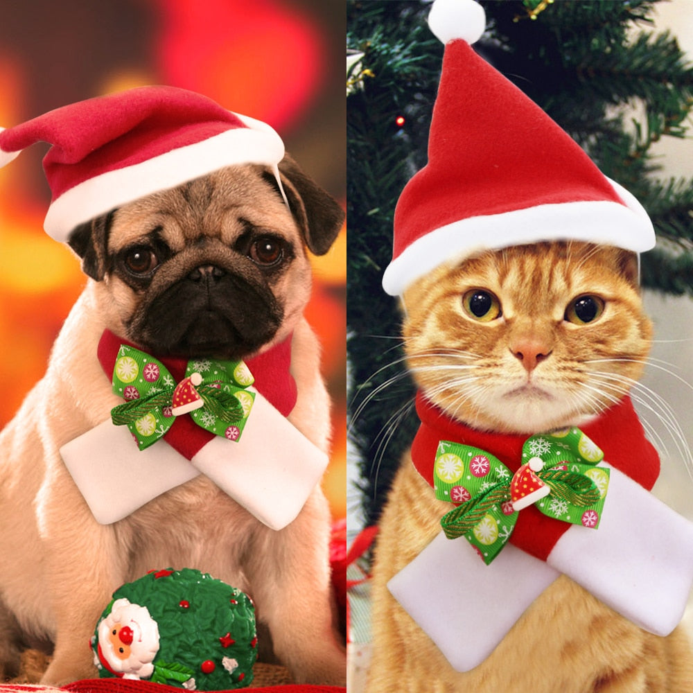 Christmas Dog Cat Hat Scarf Set Pet Accessories - Waldessae, the best pet supplies ever